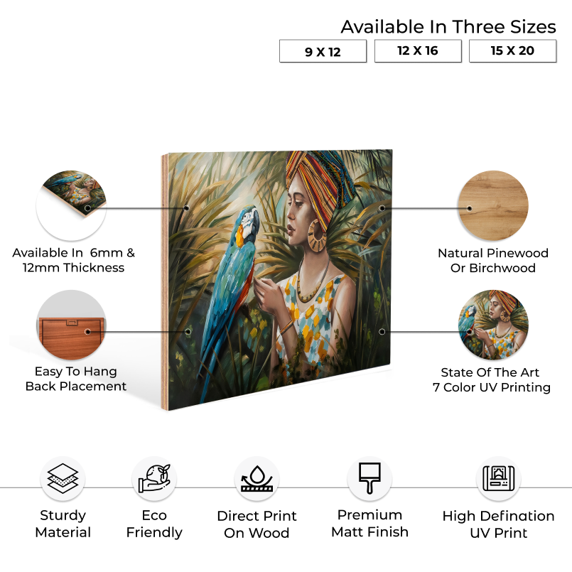 Lady With Parrot Beautiful Wood Print Wall Art