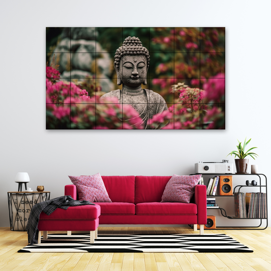 Meditating Buddha With Flowers Wood Print Wooden Wall Tiles Set