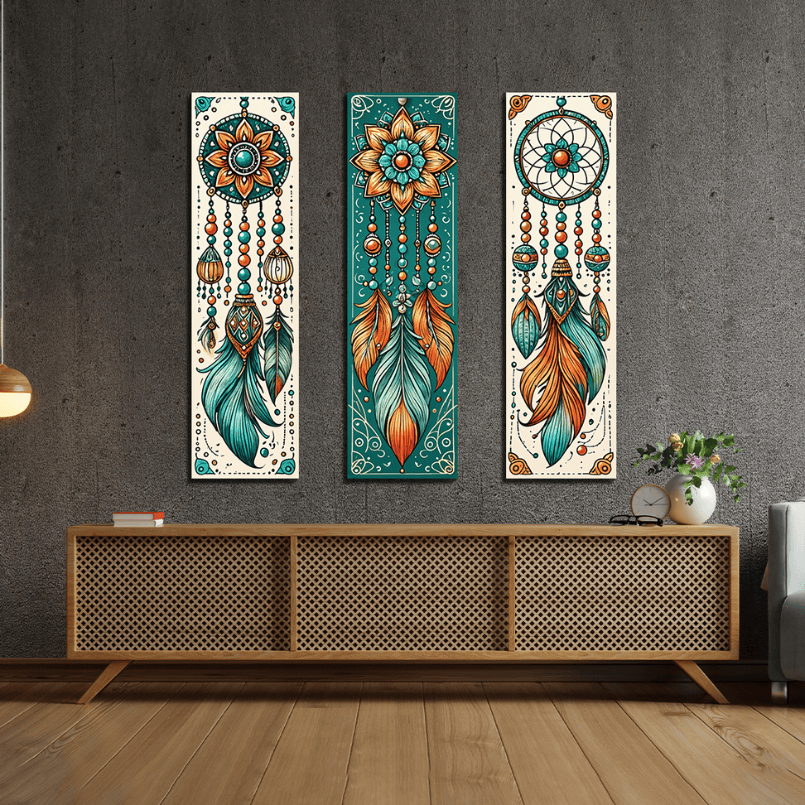 Set Of Three Dream Catcher Printable Wood Print Wall Art 12X36 Inches