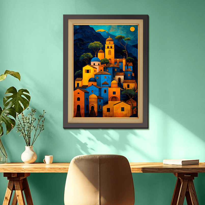 Colorful Village View Wood Print Wall Art 18x23 Inches