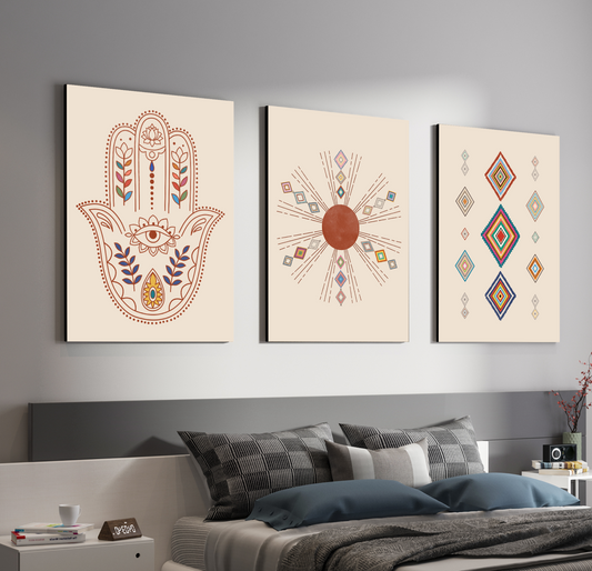 Hamsa Evil Eye Protector Wood Print Wall Art Set of 3