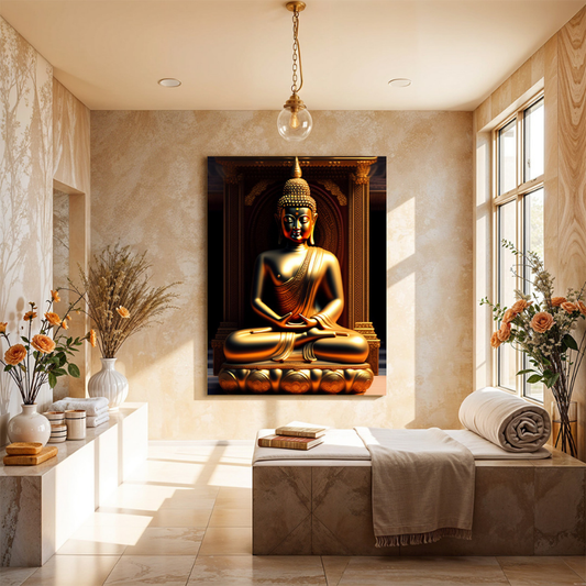 Meditating Buddha Idol Wood Print Wall Art Black & Gold
