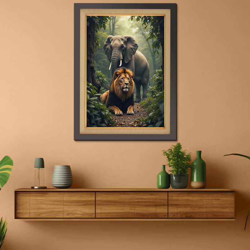 Elephant And Lion Wood Print Wall Art 18x23 Inches