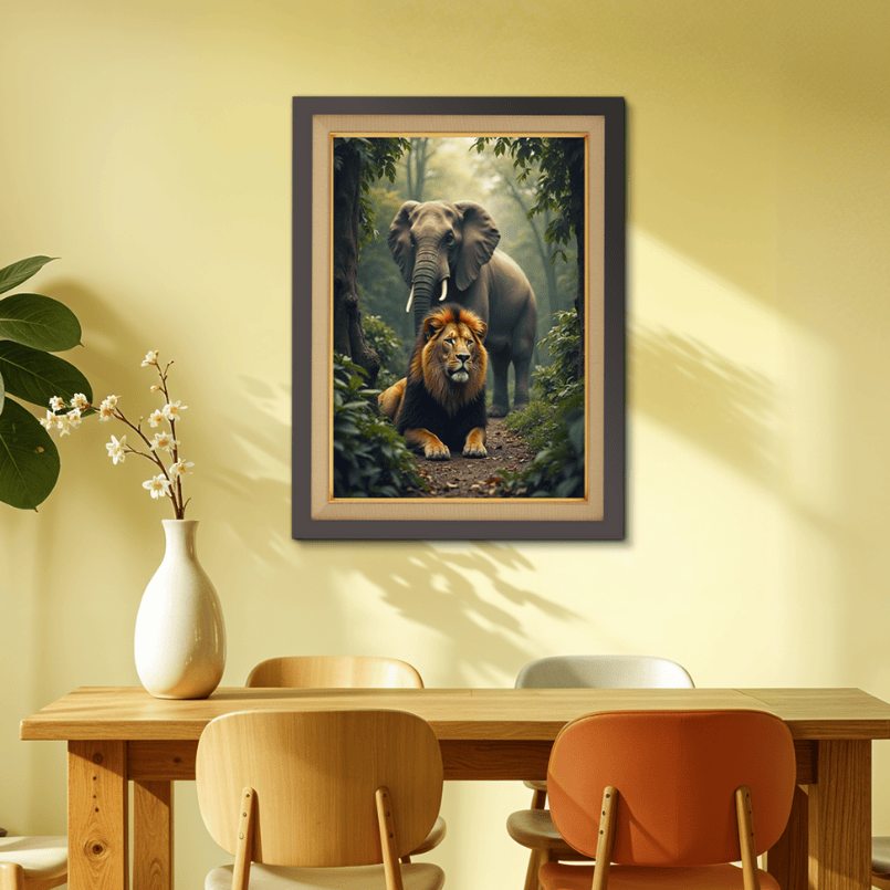 Elephant And Lion Wood Print Wall Art 18x23 Inches