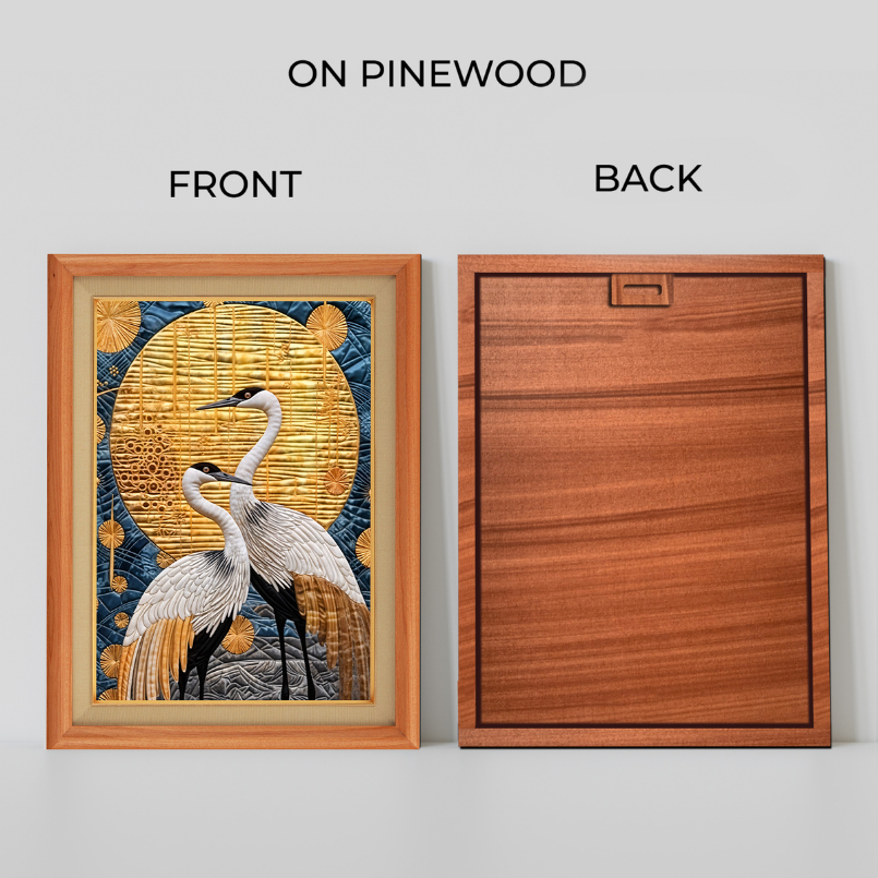 Two Cranes & Full Moon Wood Print Wall Art 18x23 Inches