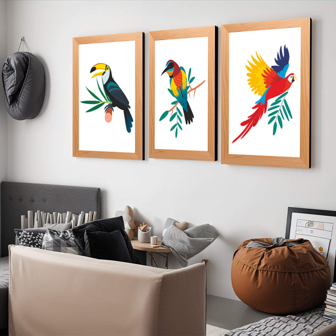 Beautiful Birds Wood and Acrylic Print Wall Art Set of 3