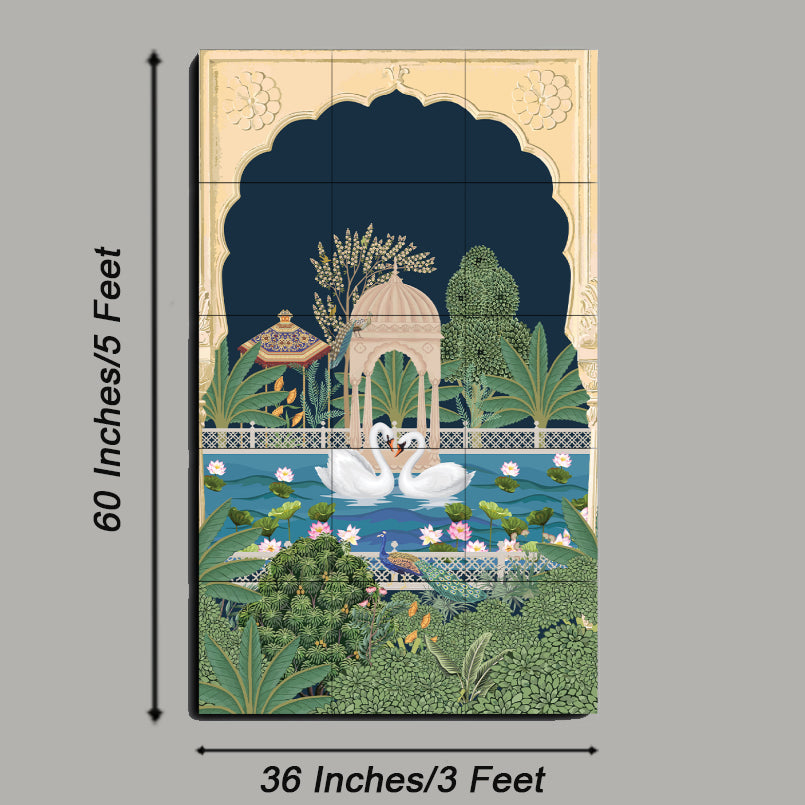 Swan Couple in Lake Traditional Wood Print Wooden Wall Tiles Set