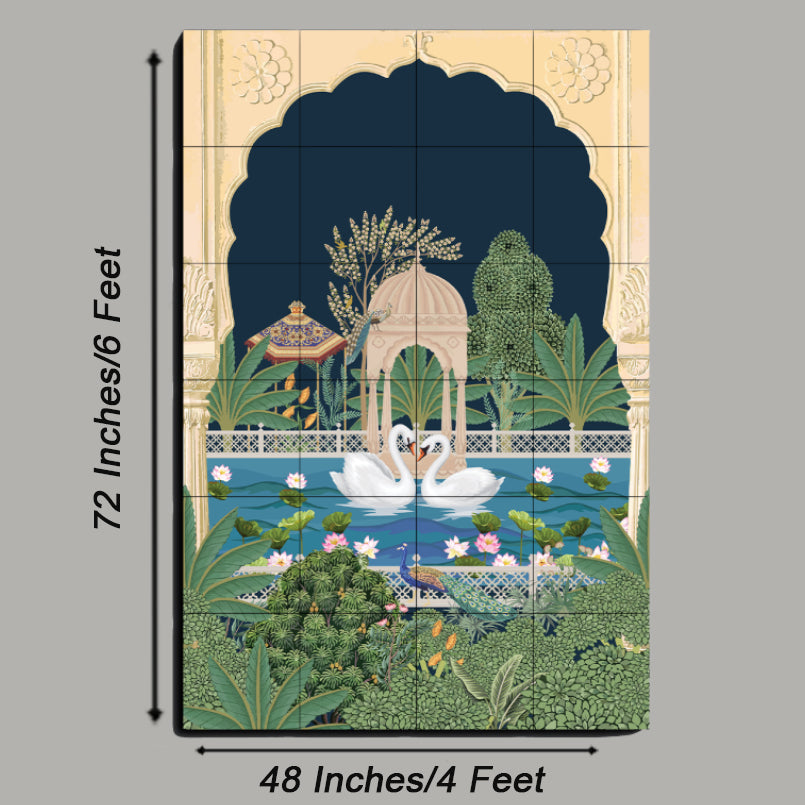 Swan Couple in Lake Traditional Wood Print Wooden Wall Tiles Set