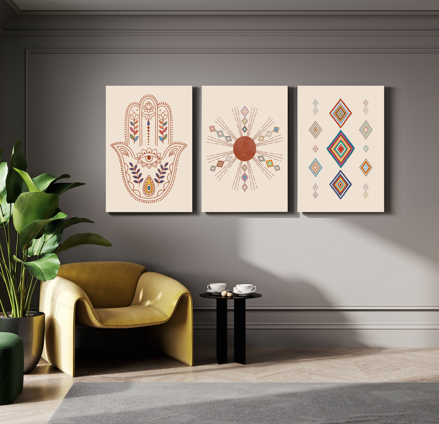 Hamsa Evil Eye Protector Wood Print Wall Art Set of 3