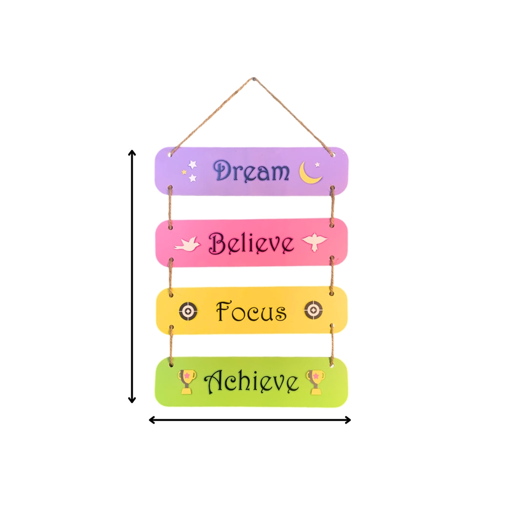 Chalk my Theme Dream Believe Focus Achieve Quote Wooden Wall Hanging | Home Decor Item – 6 planks
