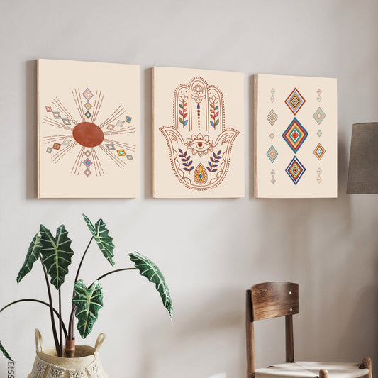 Hamsa Evil Eye Protector Wood Print Wall Art Set of 3