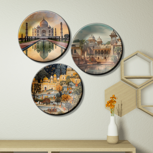 Set of 3 Indian Structure Taj Mahal and Royal Palace Wall Plates Décor for Elegant Home Accents