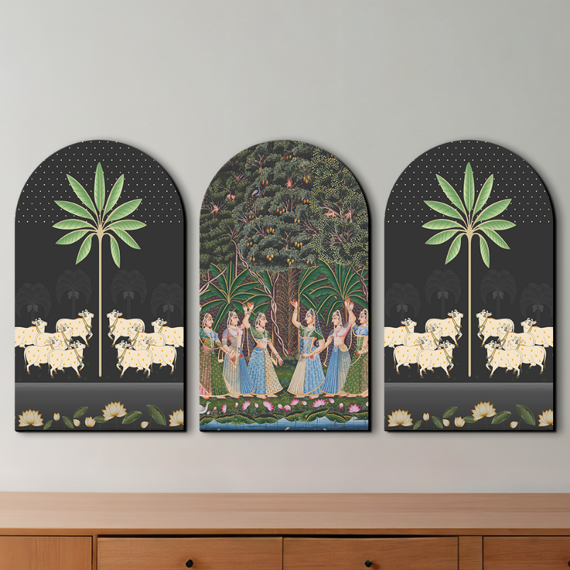 Set of 3 Gopis Pichwai Wood Print Wall Art