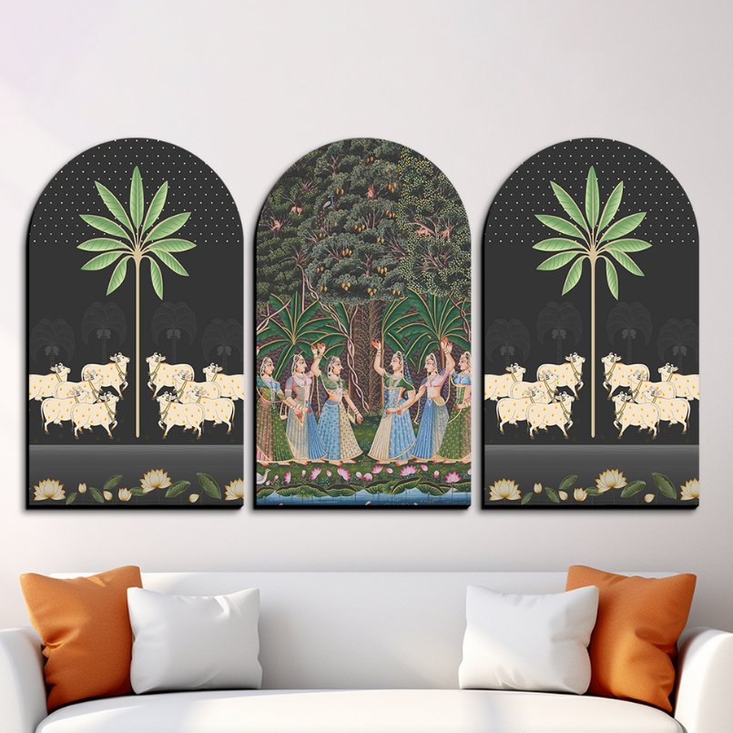 Set of 3 Gopis Pichwai Wood Print Wall Art