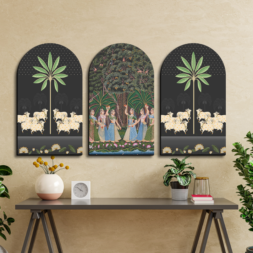 Set of 3 Gopis Pichwai Wood Print Wall Art