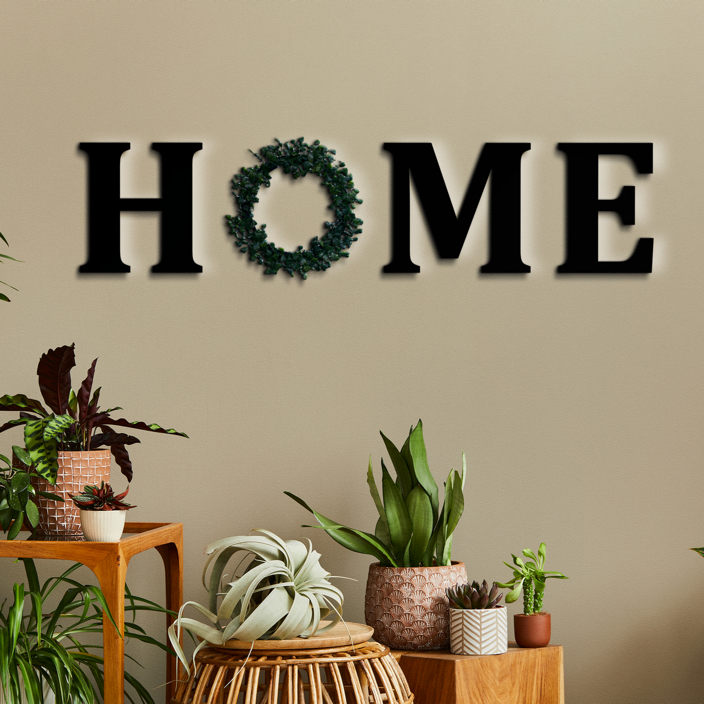 HOME Letters With Green Wreath Wooden Sign Wall Art Home Decoration