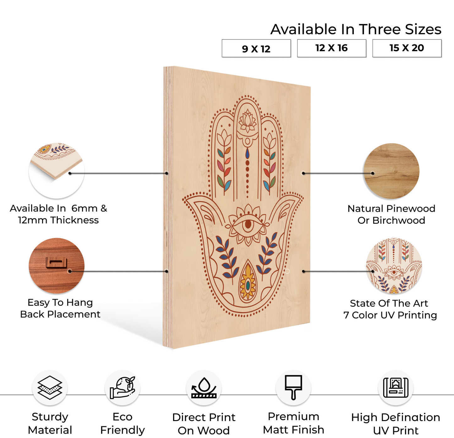 Hamsa Evil Eye Protector Wood Print Wall Art Set of 3