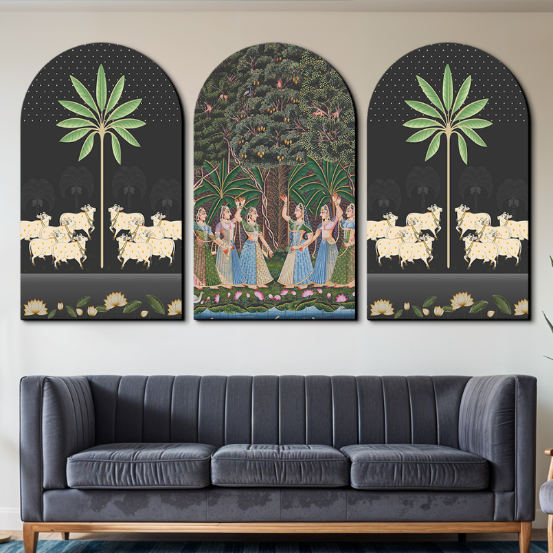 Set of 3 Gopis Pichwai Wood Print Wall Art
