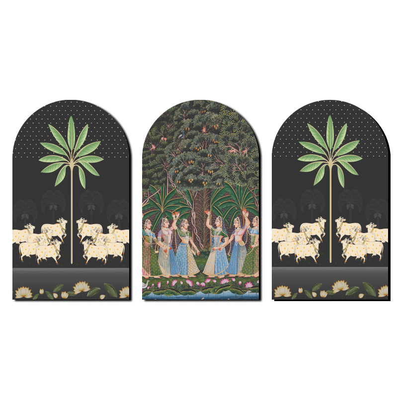 Set of 3 Gopis Pichwai Wood Print Wall Art