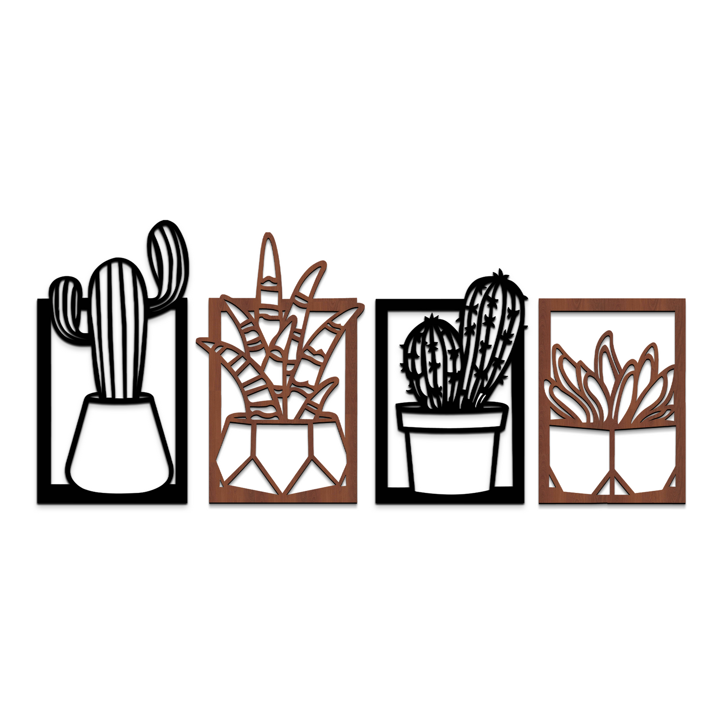 2 in 1 Cactus Wooden Wall Hanging Art Wall Sculpture Set of 4
