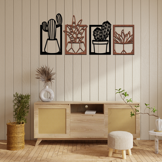 2 in 1 Cactus Wooden Wall Hanging Art Wall Sculpture Set of 4