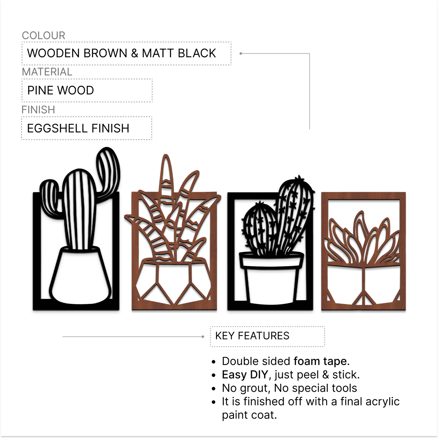 2 in 1 Cactus Wooden Wall Hanging Art Wall Sculpture Set of 4