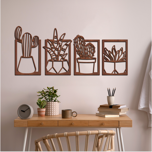 2 in 1 Cactus Wooden Wall Hanging Art Wall Sculpture Set of 4