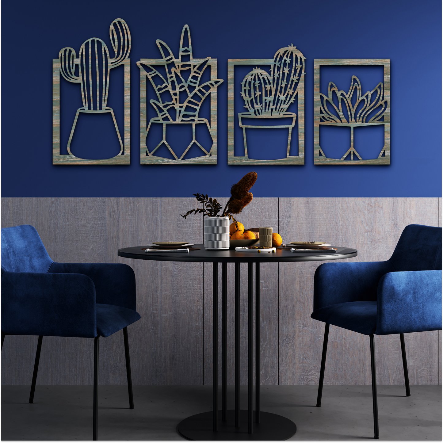 2 in 1 Cactus Wooden Wall Hanging Art Wall Sculpture Set of 4