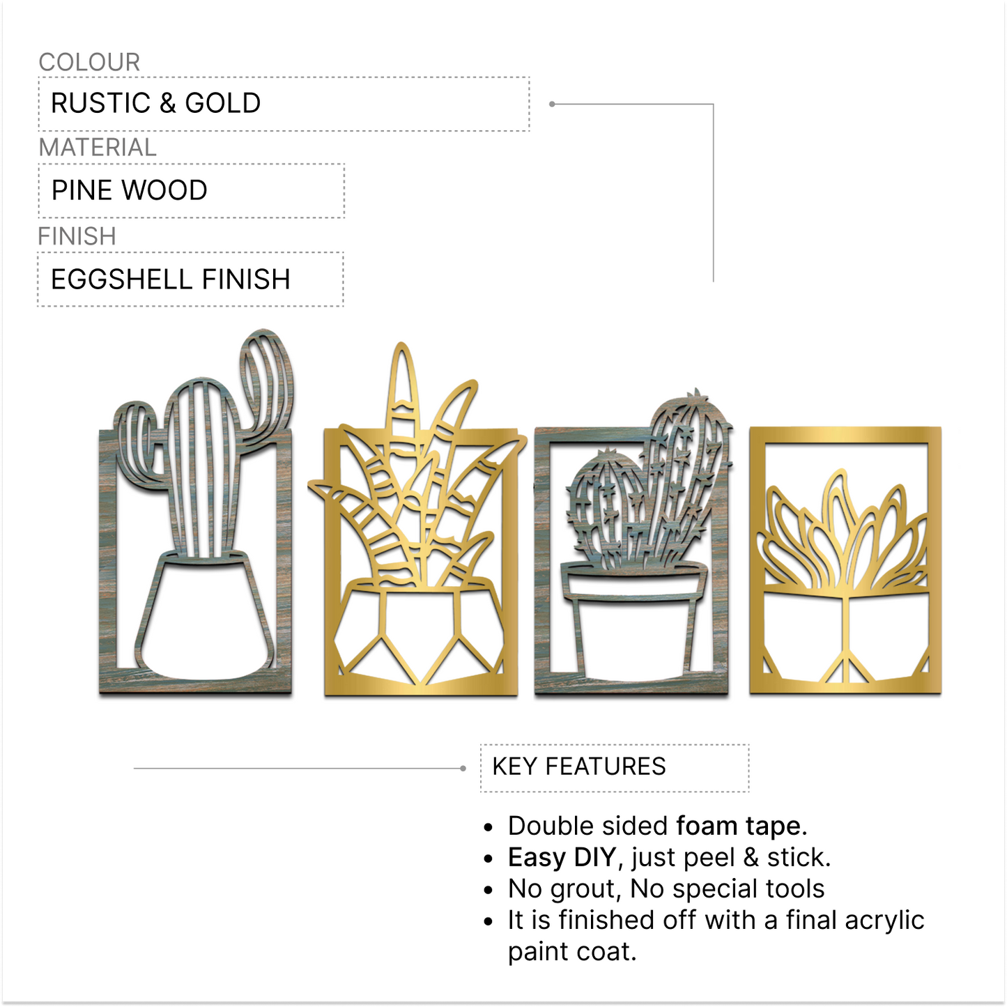 2 in 1 Cactus Wooden Wall Hanging Art Wall Sculpture Set of 4