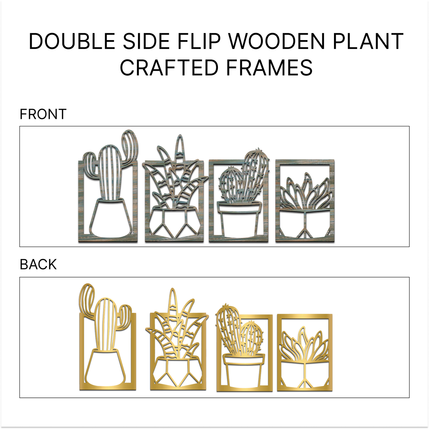 2 in 1 Cactus Wooden Wall Hanging Art Wall Sculpture Set of 4