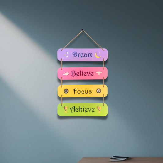 Chalk my Theme Dream Believe Focus Achieve Quote Wooden Wall Hanging | Home Decor Item – 6 planks