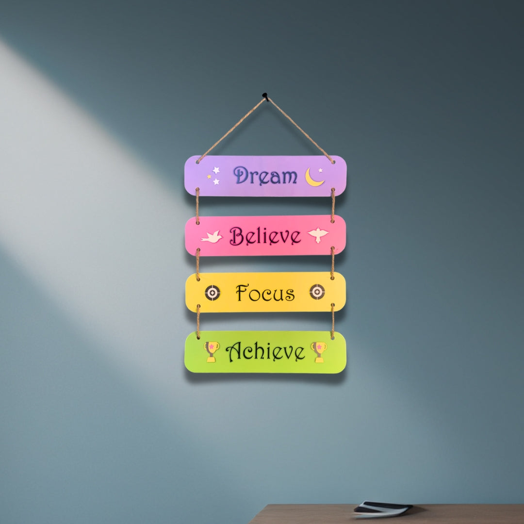Chalk my Theme Dream Believe Focus Achieve Quote Wooden Wall Hanging | Home Decor Item – 6 planks