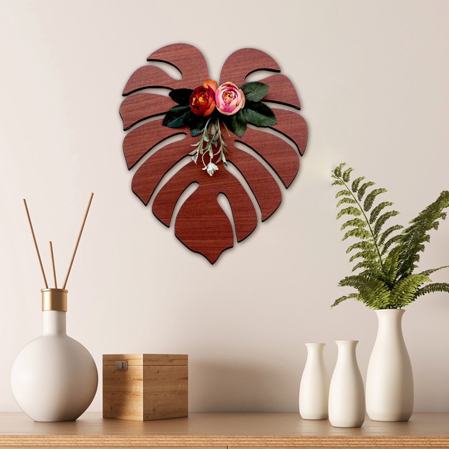 3D Palm Leaf with Roses Wooden Art