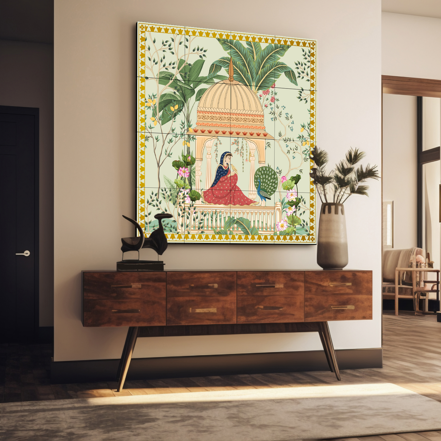 Women Sitting In Cabana Royal Wood Print Wooden Wall Tiles Set