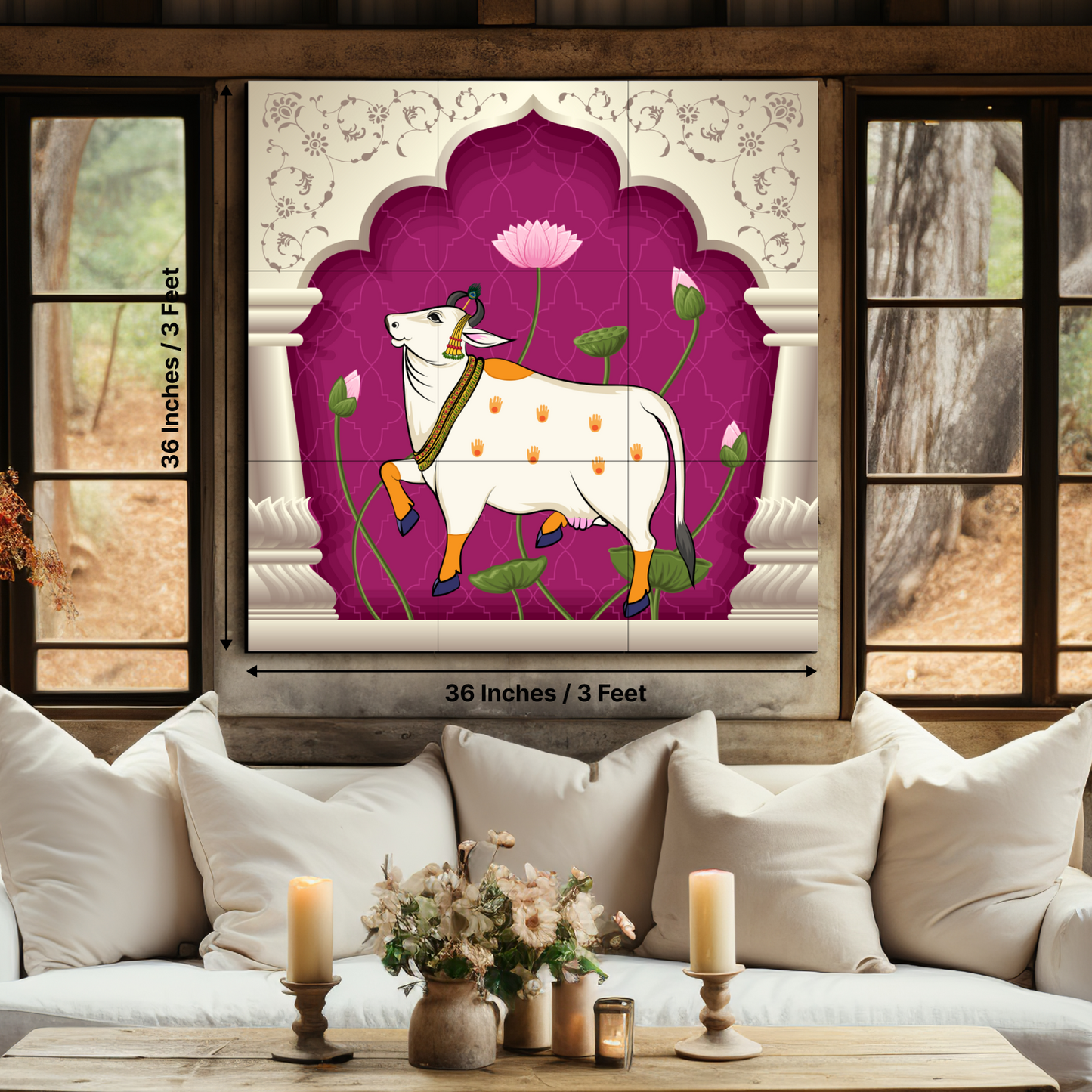 Pichwai Sacred Cow Wood Print Wooden Wall Tiles Set