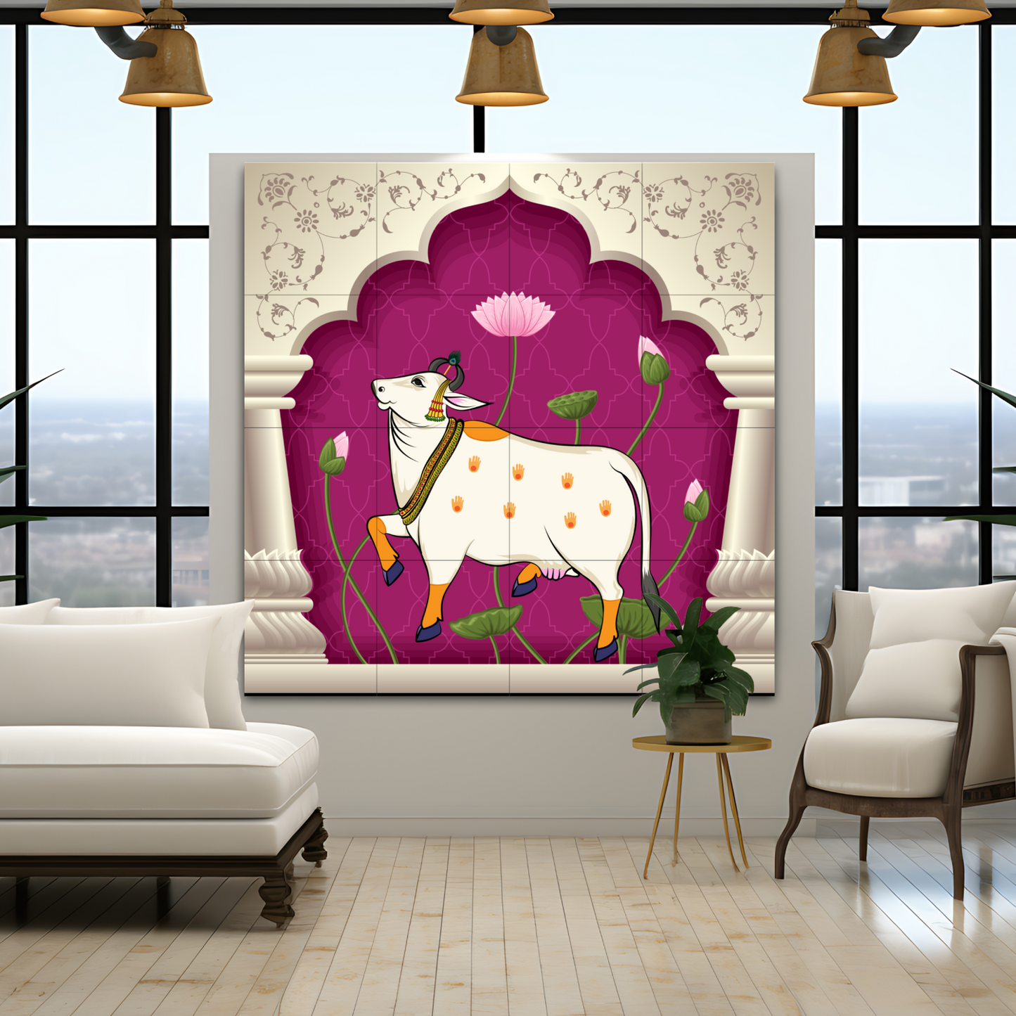 Pichwai Sacred Cow Wood Print Wooden Wall Tiles Set