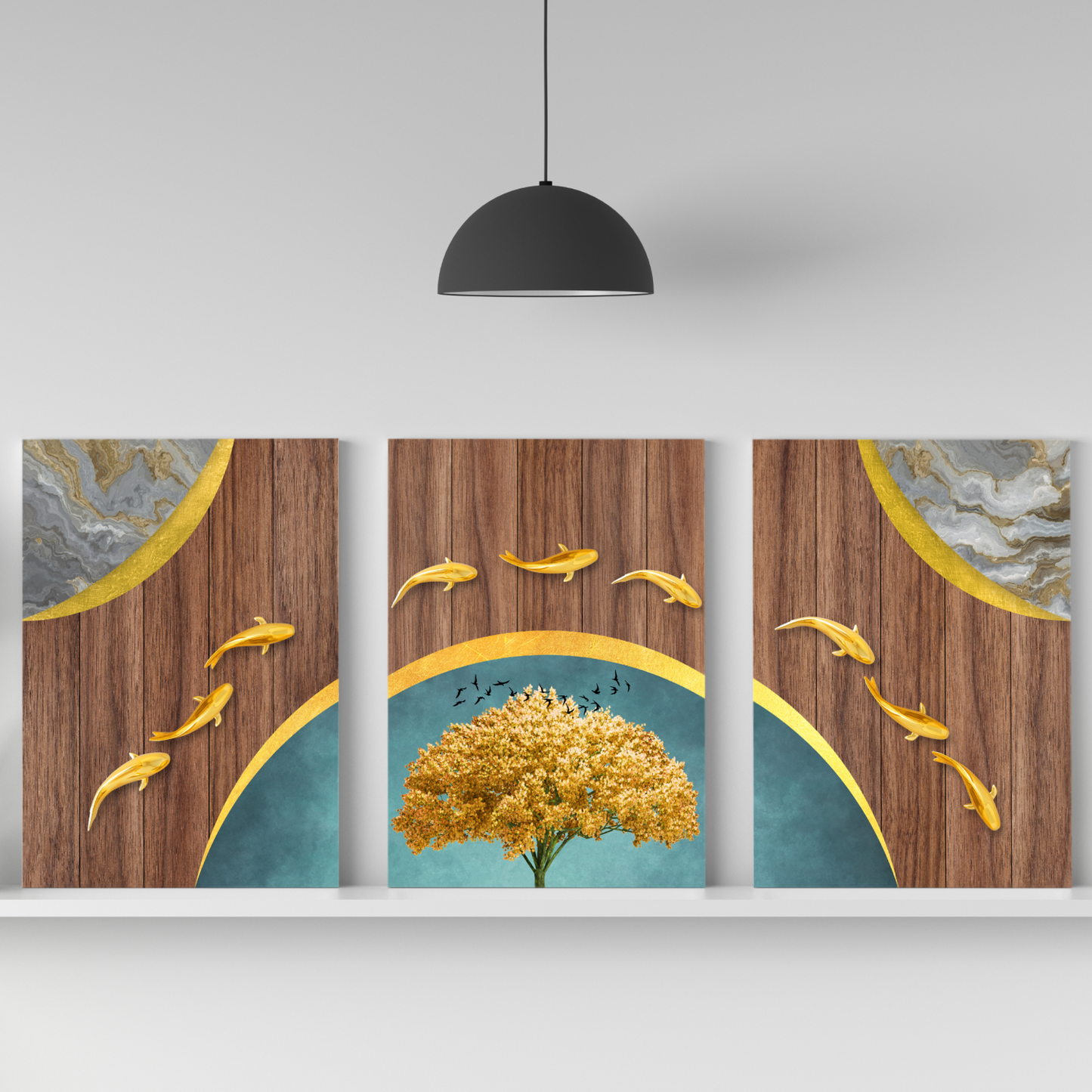 Lucky Gold Fishes Wood Print Wall Art Set of 3