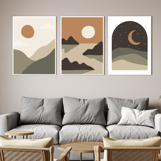 Moon Phase Boho Wood Print Wall Art Set of 3