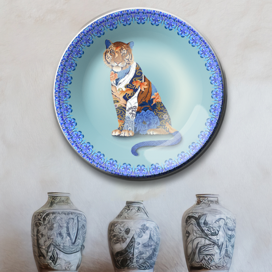 the bengal tiger blue ceramic hanging plates on wall