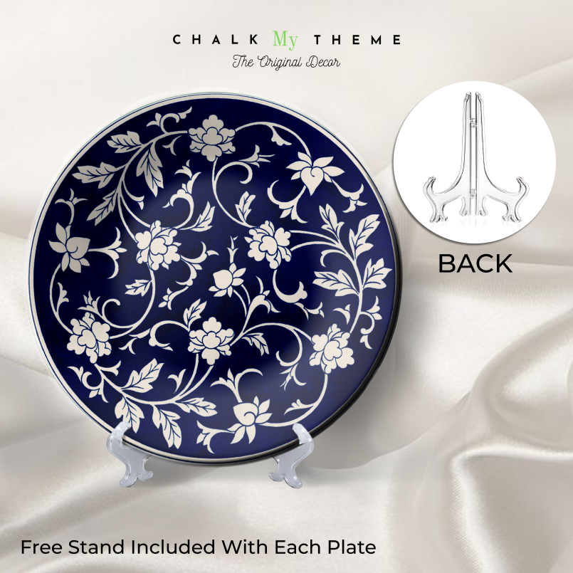 Collection of 5 Indigo Flora Gallery Decorative Wall Plates for Artistic Displays