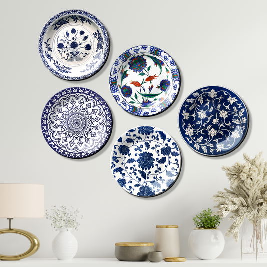 Stylish Set of 5 Indigo Flora Gallery Decorative Wall Plates
