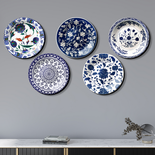 Set of 5 Indigo Flora Gallery Decorative Wall Plates to Elevate Your Home Ambiance