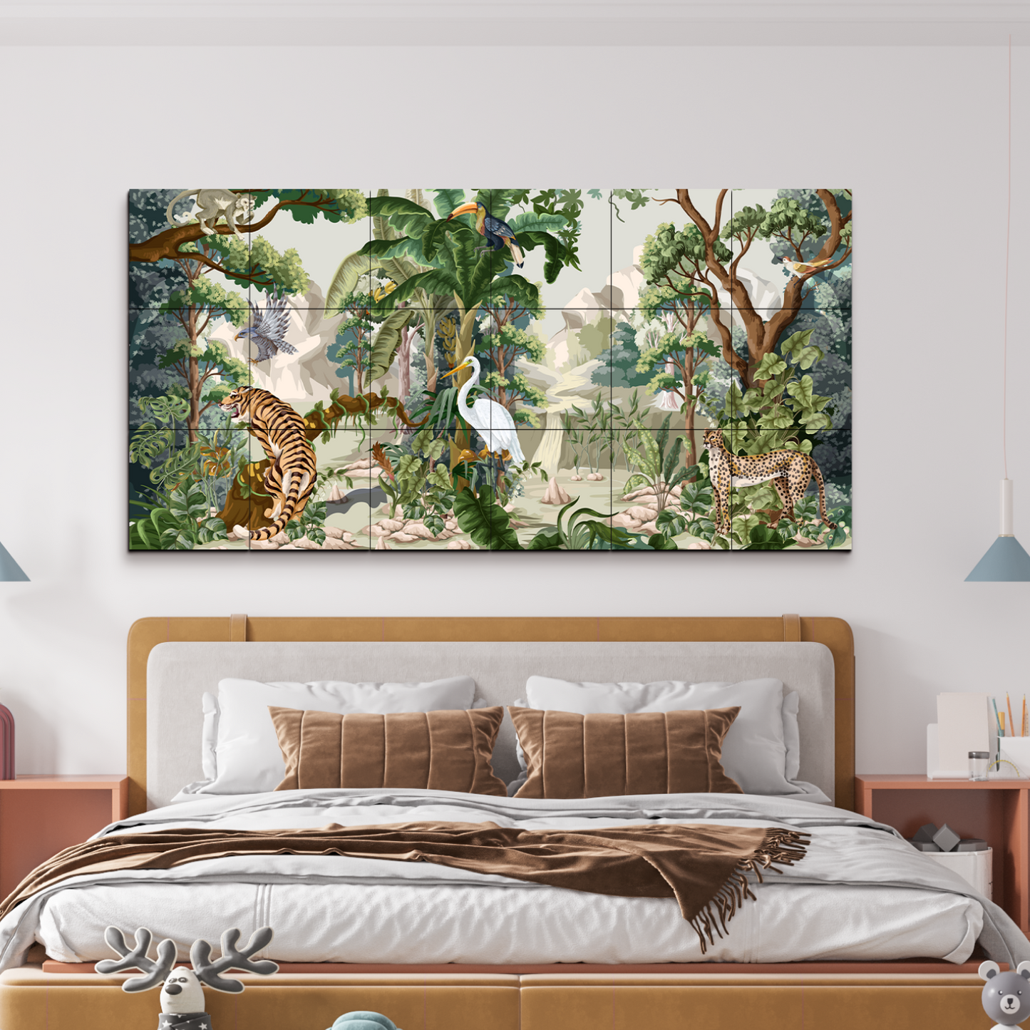 Tropical Jungle Safari Traditional Wood Print Wooden Wall Tiles Set