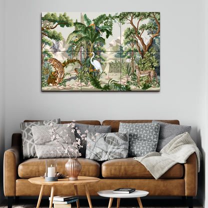 Tropical Jungle Safari Traditional Wood Print Wooden Wall Tiles Set