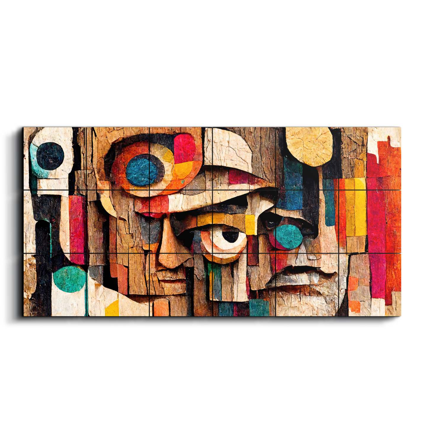 Abstract Colorful Portrait of Human Face Wood Print Wooden Wall Tiles Set