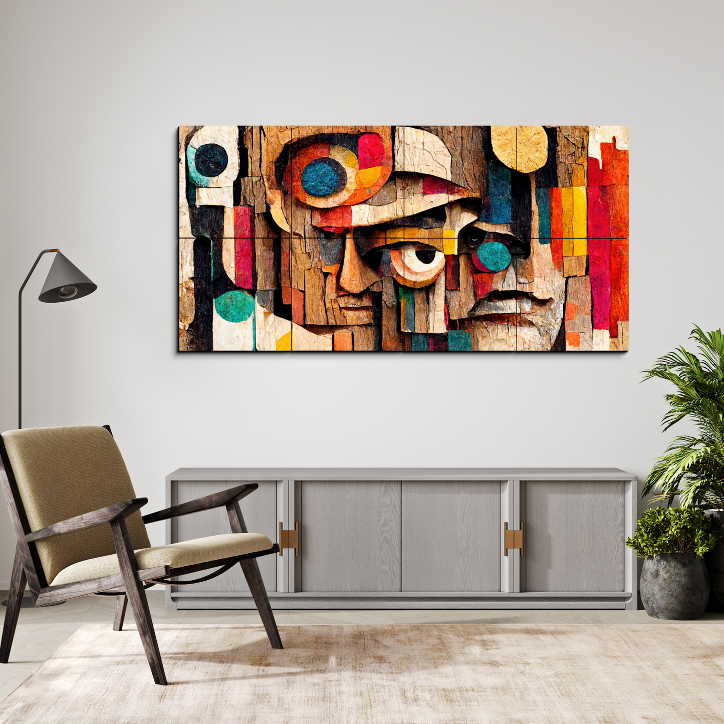 Abstract Colorful Portrait of Human Face Wood Print Wooden Wall Tiles Set