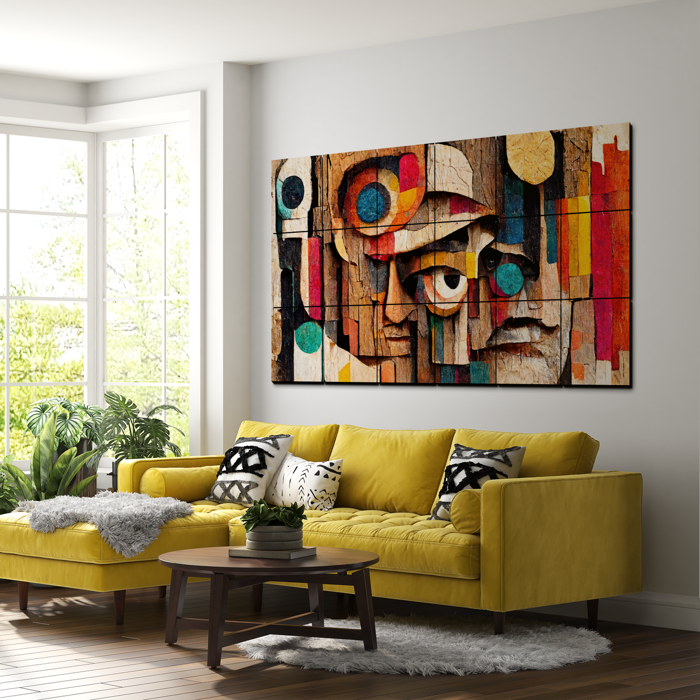 Abstract Colorful Portrait of Human Face Wood Print Wooden Wall Tiles Set