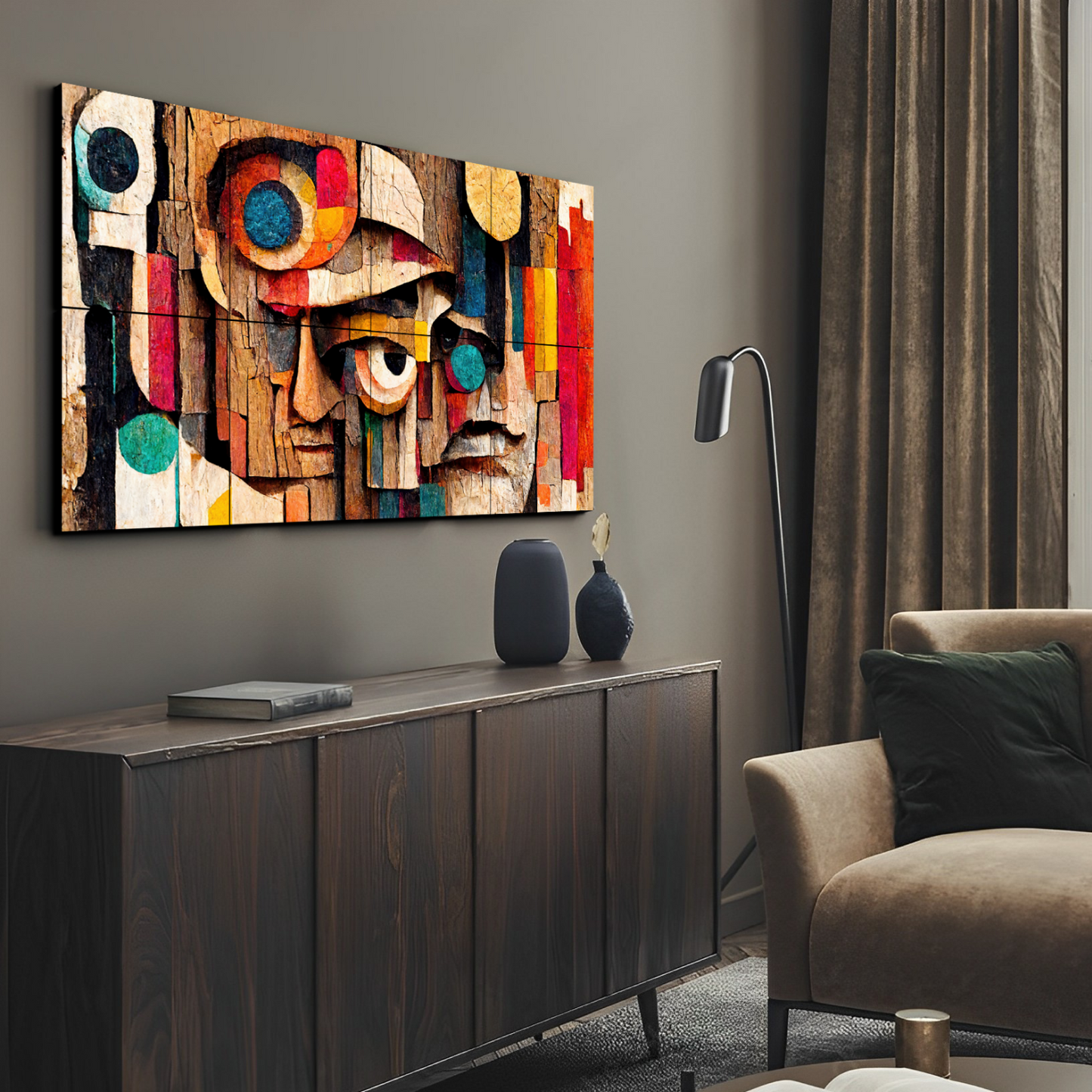 Abstract Colorful Portrait of Human Face Wood Print Wooden Wall Tiles Set