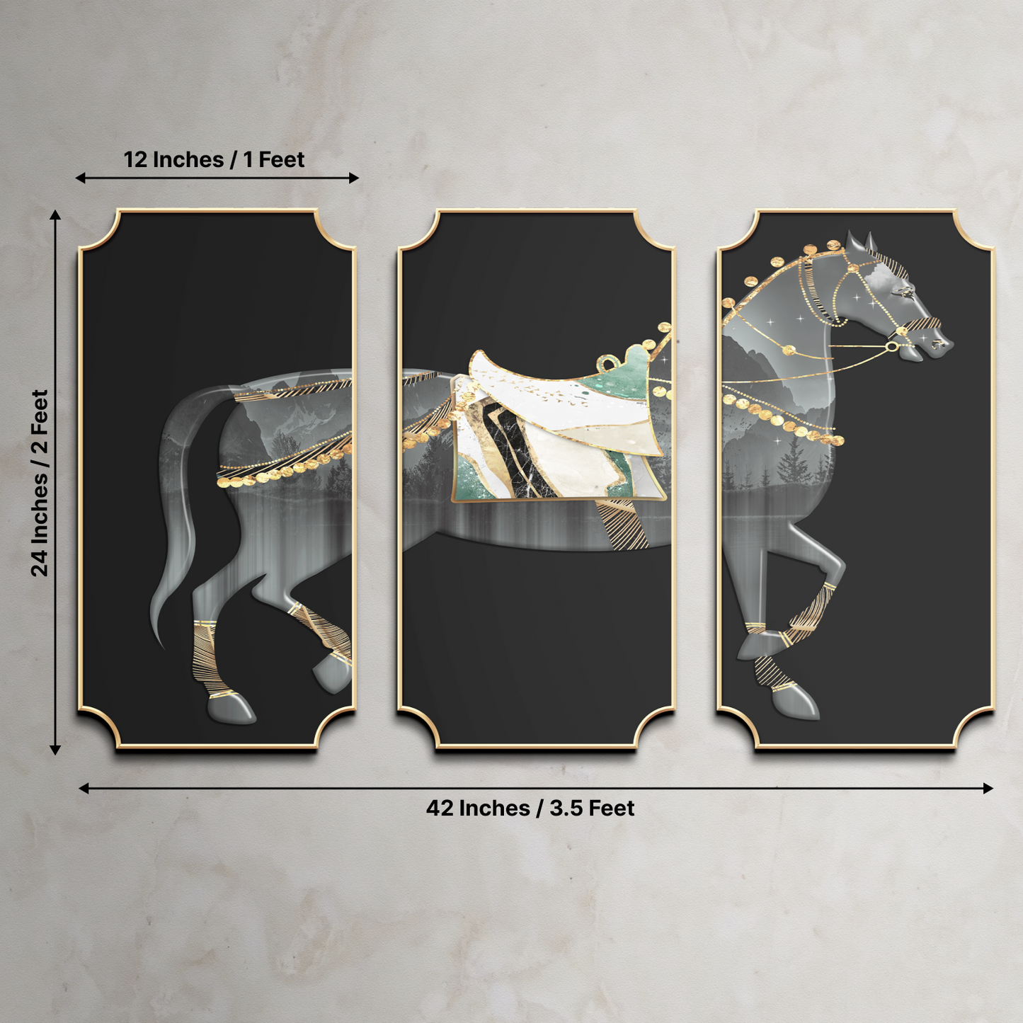 Set of 3 Horse Mural Wood Print Wall Art