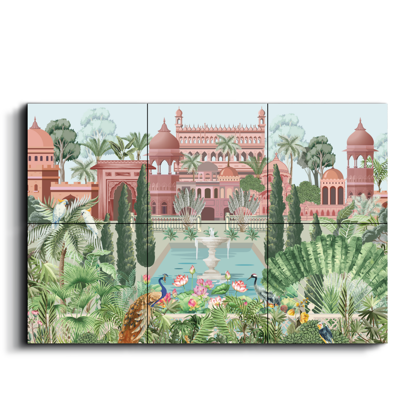 Mughal Garden and Palace Traditional Wood Print Wooden Wall Tiles Set